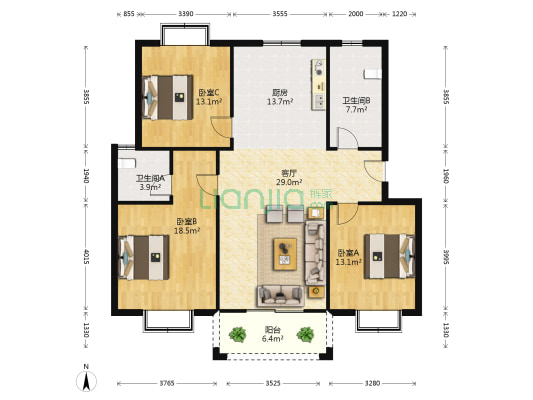 隆兴公寓南区 3室1厅2卫 122平方