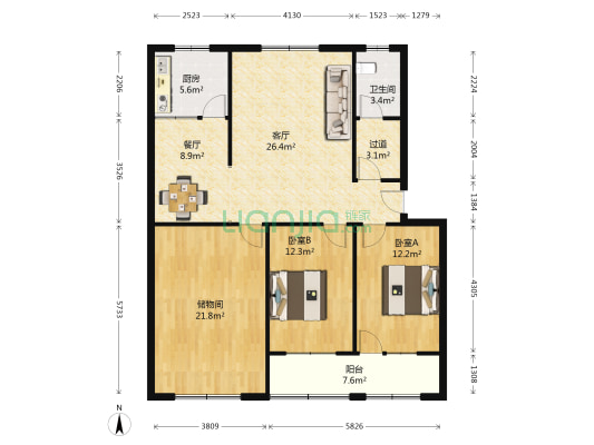 新天地小区 2室2厅1卫 128平方