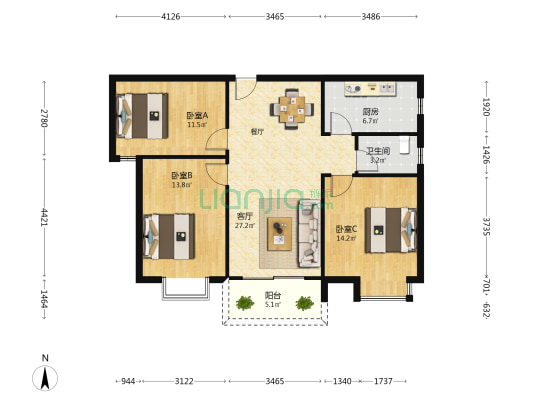 交投•置业|融创|美的 青山印 3室1厅1卫 112平方
