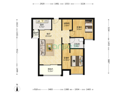 中粮云涛名苑 2室1厅1卫 85平方