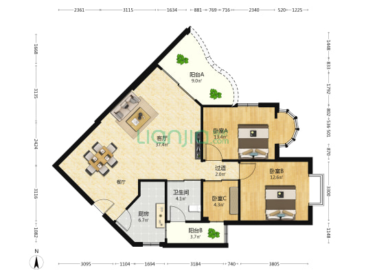 仙岳海景大厦 3室1厅1卫 112平方