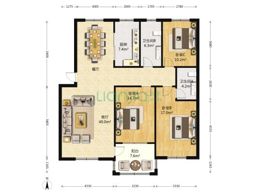 德丰新小区 3室1厅2卫 143平方