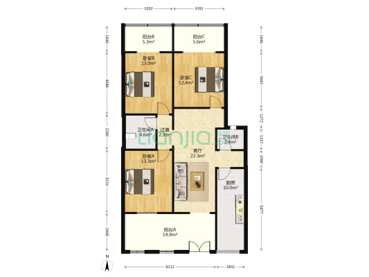 焦家巷25号 3室1厅2卫 104平方