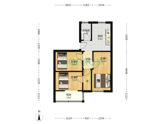 双门楼 3室0厅1卫 55平方