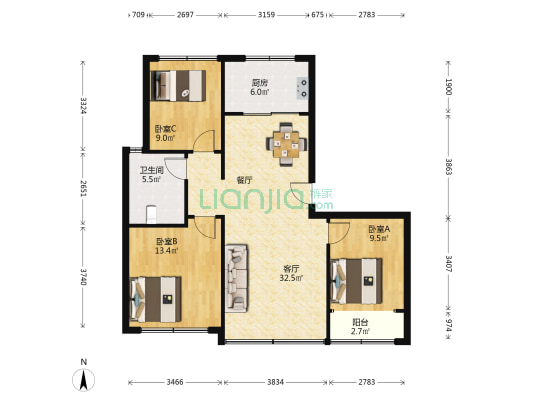 绿城海棠印月北区 3室1厅1卫 113平方