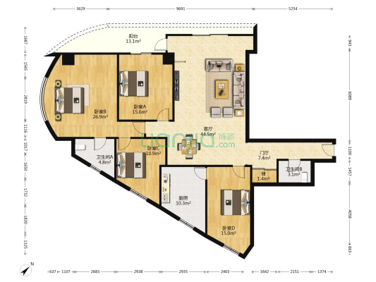椰岛大厦 4室1厅2卫 180平方