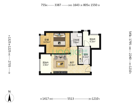 现代新居C区 1室1厅1卫 45平方
