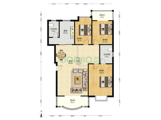 湘银嘉园 3室1厅2卫 137平方