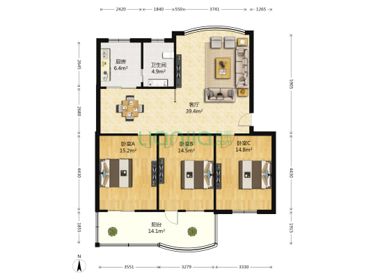蓝天花园住宅小区 3室1厅1卫 117平方