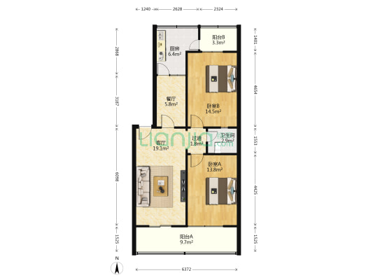西安市公园南路18号院1号楼 2室2厅1卫 85平方