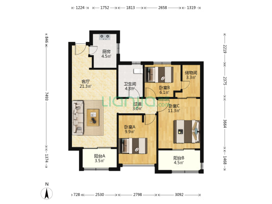 科尔南城嘉园 3室1厅1卫 85平方