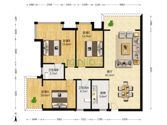 富豪兴城 3室1厅2卫 133平方