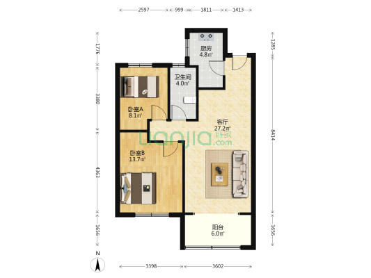 水悦华府西区 2室1厅1卫 90平方