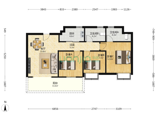 兴旺名邸 3室1厅2卫 107平方