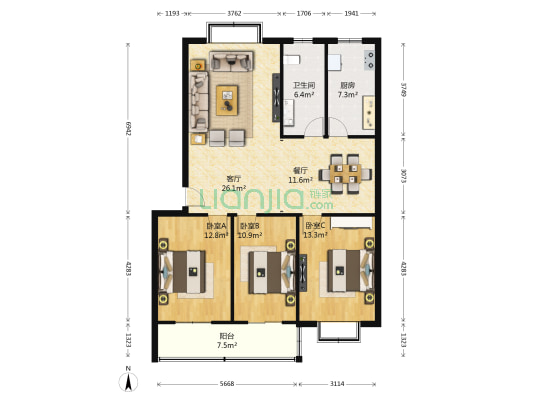 鑫益家园 3室2厅1卫 122平方