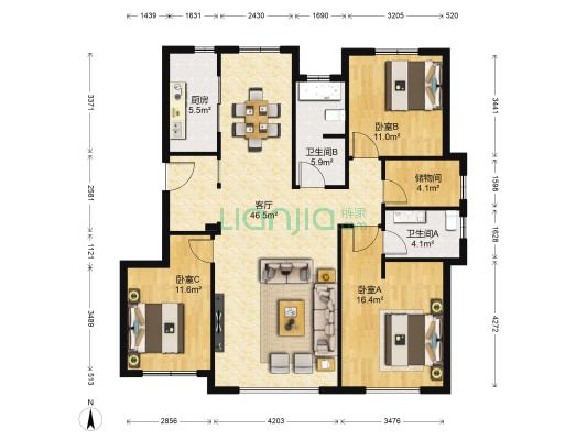君海阁 3室1厅2卫 139平方