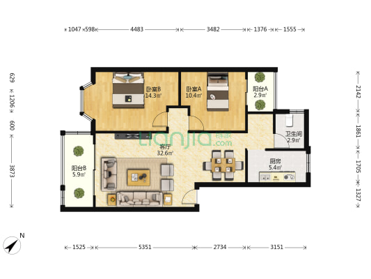 金色家园东区 2室1厅1卫 84平方