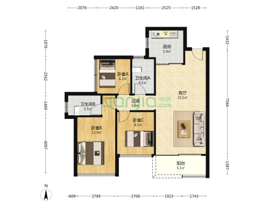 中山星河盛世 3室1厅2卫 95平方