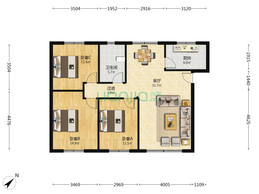 顺泰公寓 3室1厅1卫 103平方