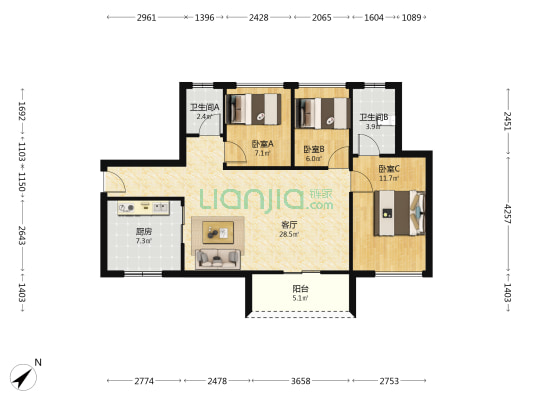 珠江万科城 3室1厅2卫 95平方