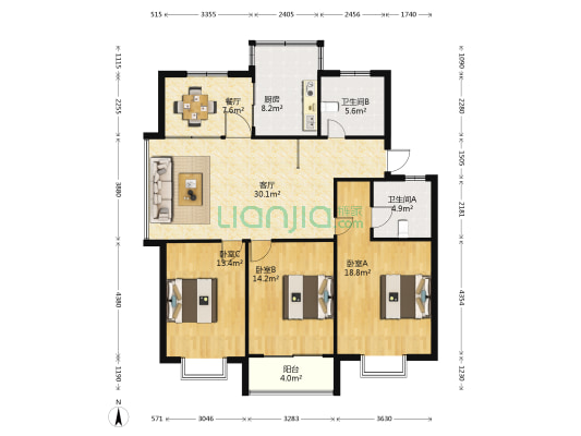 华林花园 3室2厅2卫 131平方
