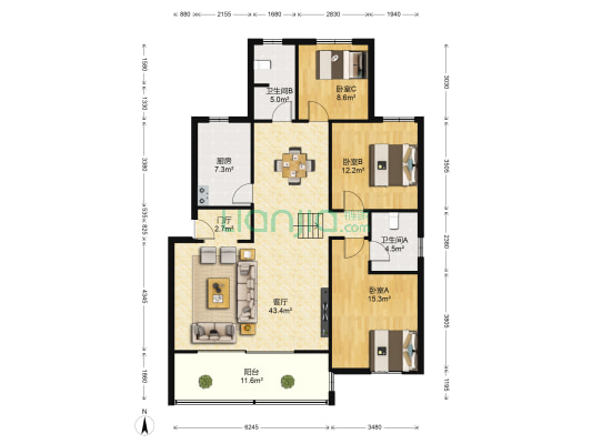 荷花垸 3室1厅2卫 121平方