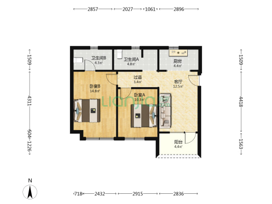 曦东儒居 2室1厅2卫 80平方