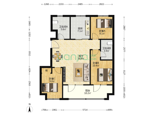 昆仑樾 3室1厅2卫 102平方