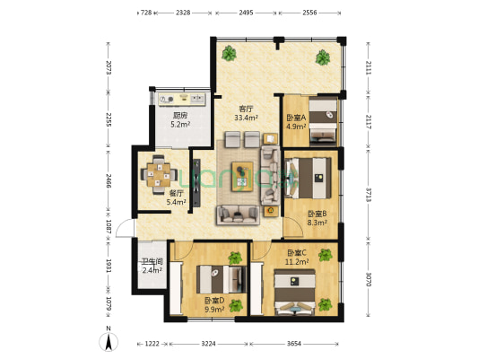 云南省监察厅宿舍 4室2厅1卫 83平方