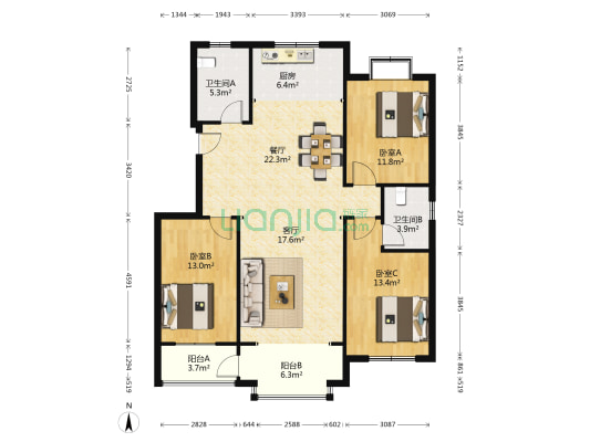 康源逸景 3室2厅2卫 128平方