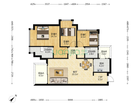 十畝芳华里 3室1厅2卫 92平方