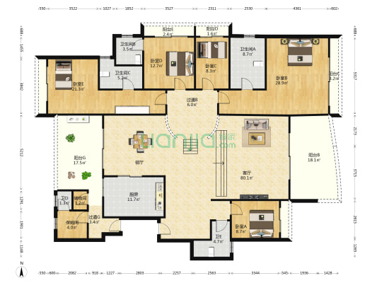 东田翠湖湾 5室1厅5卫 279平方