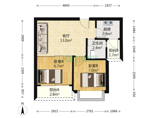 侨福大厦 2室1厅1卫 55平方