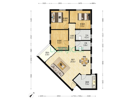 河西花园 3室1厅2卫 105平方