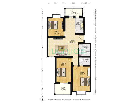 天堂河东区 3室1厅2卫 120平方