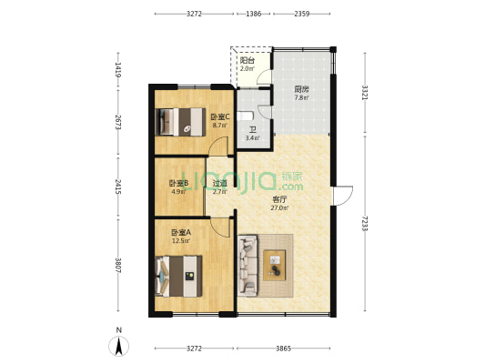 新民路140号 3室1厅1卫 87平方