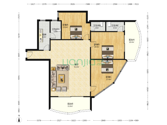 百货大厦 3室1厅3卫 162平方