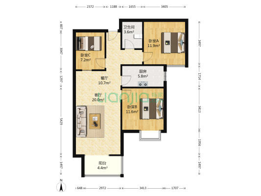 海棠家园 3室2厅1卫 97平方