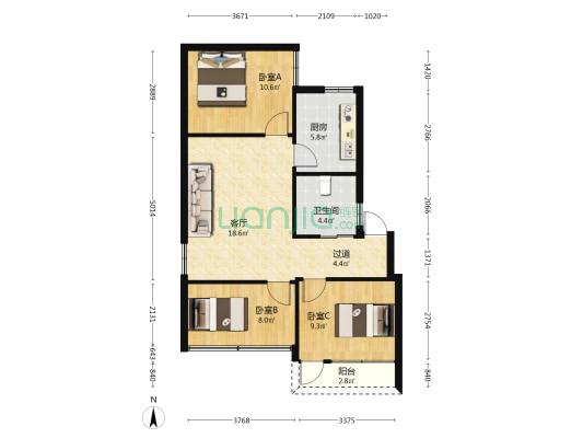朝阳巷25号院 3室1厅1卫 72平方