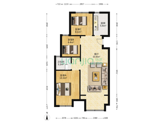 吾悦和府C区 3室1厅1卫 105平方