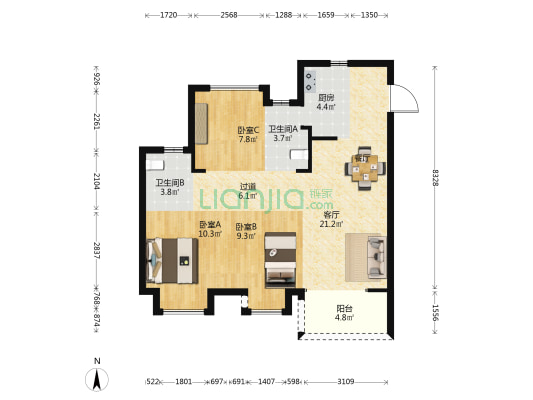 玖榕台 3室1厅2卫 90平方