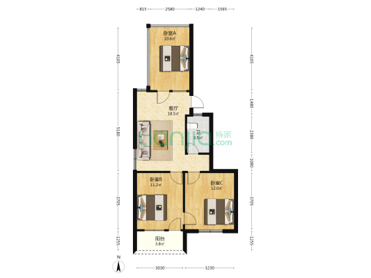 爱国路6号 3室1厅1卫 80平方