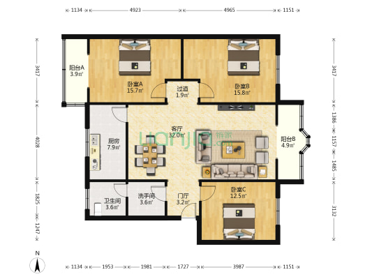 金沙小区 3室1厅2卫 129平方
