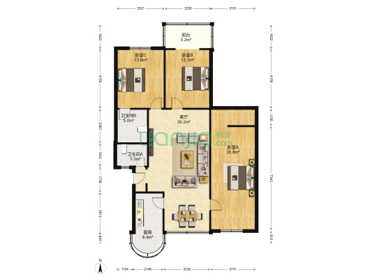 玉双路3号 3室1厅2卫 121平方