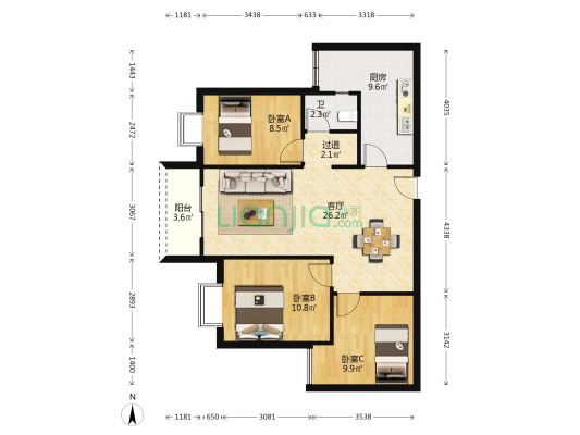 麒雅中央花园C区 3室1厅1卫 89平方