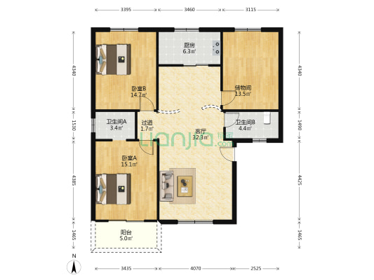 蔡甸大街220号 2室1厅2卫 119平方
