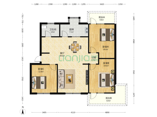 湖北交通职业技术学校家属区 3室1厅1卫 125平方