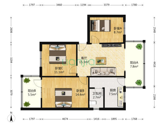 龙王庙南街19号 3室1厅1卫 78平方