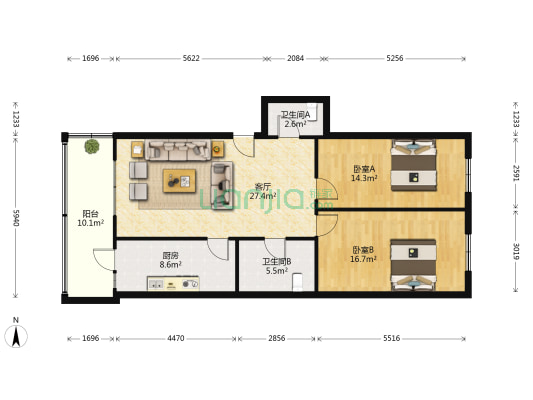 药六公寓 2室1厅2卫 99平方