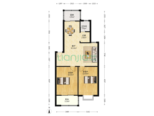 合肥体育运动学校宿舍 2室1厅1卫 87平方